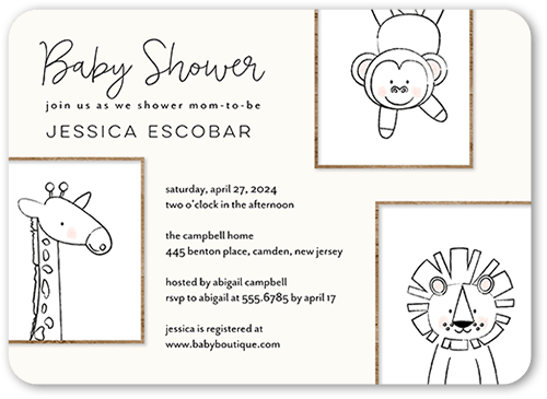 Doodle Animals Baby Shower Invitation, White, 5x7 Flat, Pearl Shimmer Cardstock, Rounded