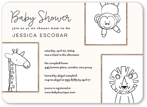 Doodle Animals Baby Shower Invitation, White, 5x7 Flat, 100% Recycled Cardstock ?, Rounded