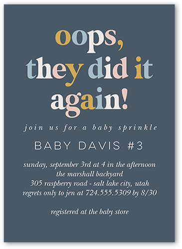 Oops Another One Baby Shower Invitation, Grey, 5x7 Flat, Matte, Signature Smooth Cardstock, Square, Gunmetal
