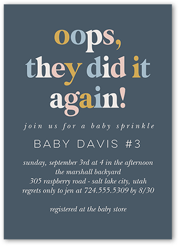 Oops Another One Baby Shower Invitation, Grey, 5x7 Flat, Luxe Double-Thick Cardstock, Square