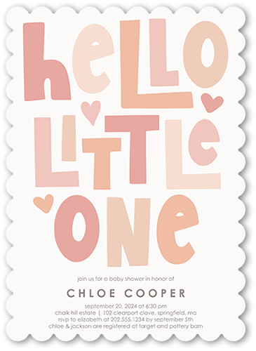 Hello Tiny One Baby Shower Invitation, Pink, 5x7 Flat, Pearl Shimmer Cardstock, Scallop
