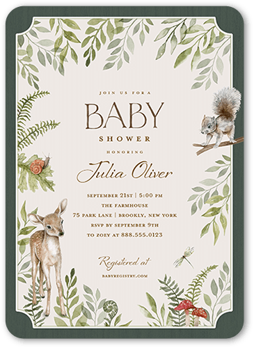 Lovely Woodland Baby Shower Invitation, Green, 5x7 Flat, Pearl Shimmer Cardstock, Rounded