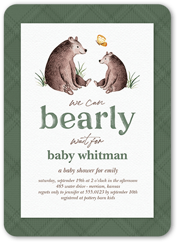 Bearly Baby Shower Invitation, Green, 5x7 Flat, 100% Recycled Cardstock , Rounded