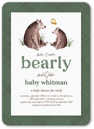 Bearly Baby Shower Invitation, Green, 5x7 Flat, Pearl Shimmer Cardstock, Rounded