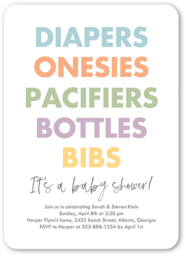 The List Baby Shower Invitation, White, 5x7 Flat, Write Your Own Greeting, Pearl Shimmer Cardstock, Rounded