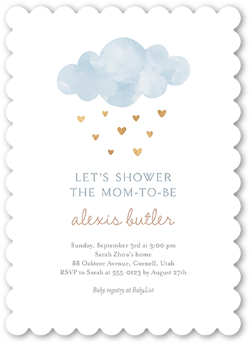 Heart Showers Baby Shower Invitation, Blue, 5x7 Flat, Pearl Shimmer Cardstock, Scallop
