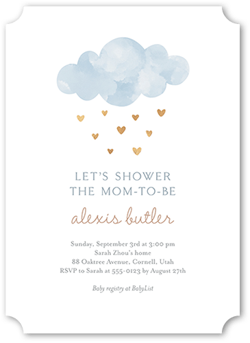 Heart Showers Baby Shower Invitation, Blue, 5x7 Flat, Pearl Shimmer Cardstock, Ticket