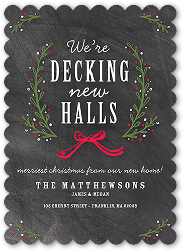 Decking The New Halls Moving Announcement, Gray, Pearl Shimmer Cardstock, Scallop