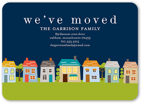 Whimsical Neighborhood Moving Announcement, Blue, 100% Recycled Cardstock , Rounded