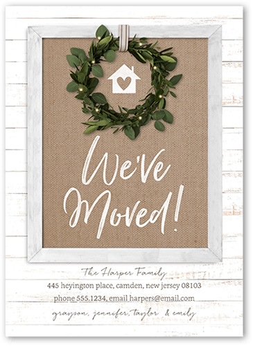 Rustic Wreathed Door Moving Announcement, White, 5x7 Flat, Pearl Shimmer Cardstock, Square