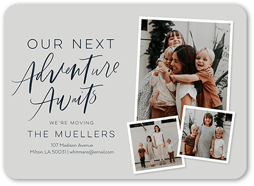Adventures Await Moving Announcement, Grey, 5x7 Flat, Matte, Signature Smooth Cardstock, Rounded, Whisper Gray
