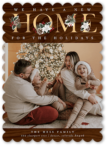 Holly Home Moving Announcement, Brown, 5x7 Flat, Pearl Shimmer Cardstock, Scallop