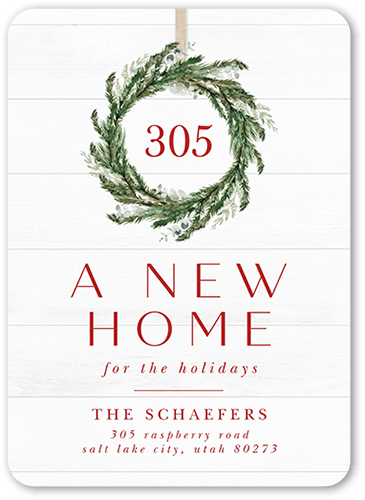 Wreathy Home Moving Announcement, White, 5x7 Flat, Pearl Shimmer Cardstock, Rounded