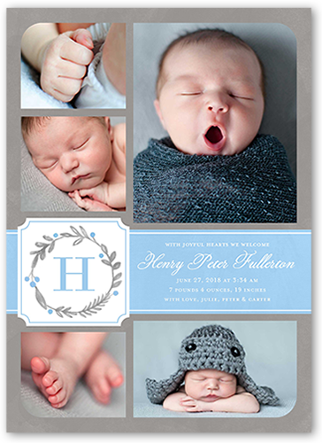 Wreath Monogram Boy Birth Announcement, Blue, 5x7 Flat, Pearl Shimmer Cardstock, Square