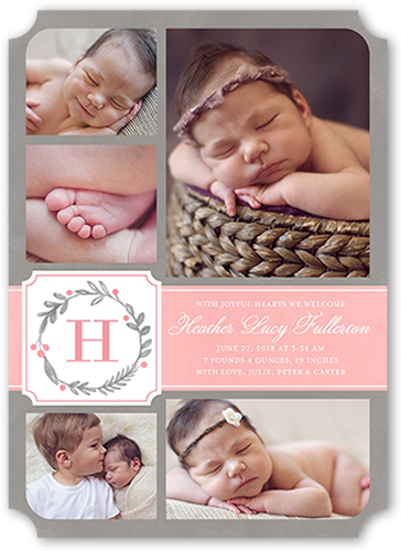 Wreath Monogram Girl Birth Announcement, Pink, Pearl Shimmer Cardstock, Ticket