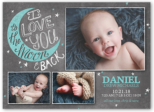 To the Moon Boy Birth Announcement, Grey, Pearl Shimmer Cardstock, Square