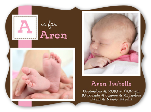 Dainty Denote Pink Birth Announcement, Brown, White, Pearl Shimmer Cardstock, Bracket