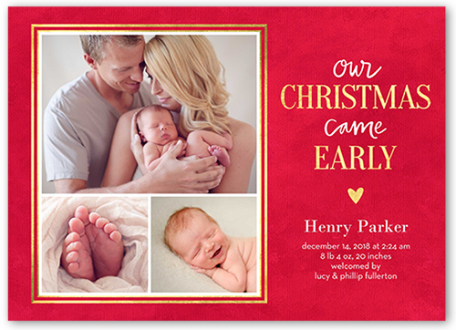Early Christmas Birth Announcement, Red, Standard Smooth Cardstock, Square