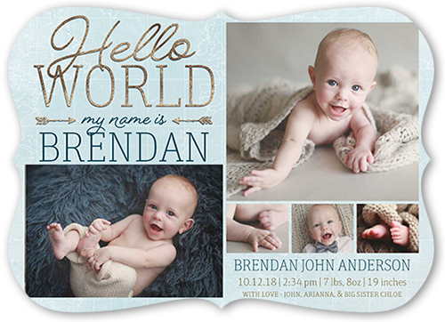 Newborn Hello Birth Announcement, Blue, Pearl Shimmer Cardstock, Bracket