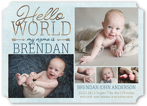 Newborn Hello Birth Announcement, Blue, Matte, Signature Smooth Cardstock, Ticket