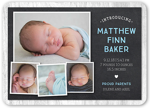 Chalkboard Intro Boy Birth Announcement, Grey, Standard Smooth Cardstock, Rounded