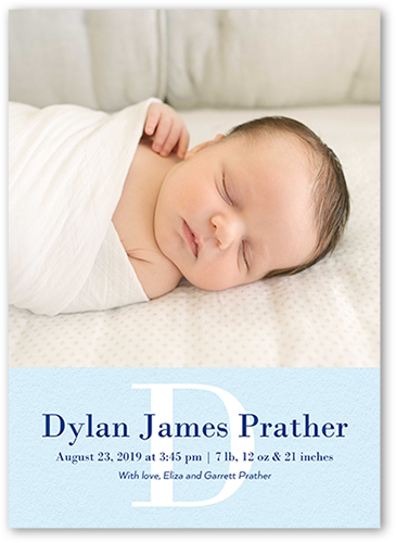 Simple Monogram Boy Birth Announcement, Blue, Standard Smooth Cardstock, Square
