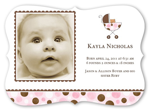 Girl Stroller Birth Announcement, Pink, Pearl Shimmer Cardstock, Bracket