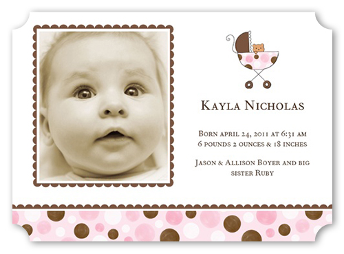 Girl Stroller Birth Announcement, Pink, Matte, Signature Smooth Cardstock, Ticket