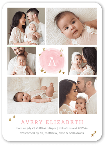 Astral Arrival Girl Birth Announcement, Pink, 5x7 Flat, 100% Recycled Cardstock , Rounded
