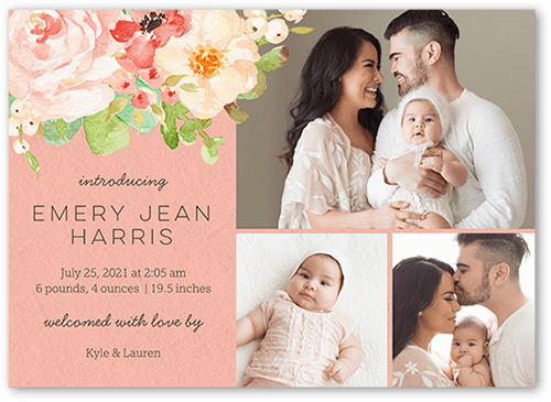 Arrival Bouquet Birth Announcement, Pink, 5x7 Flat, Luxe Double-Thick Cardstock, Square