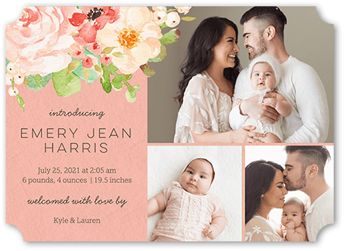 Arrival Bouquet Birth Announcement, Pink, 5x7 Flat, Pearl Shimmer Cardstock, Ticket