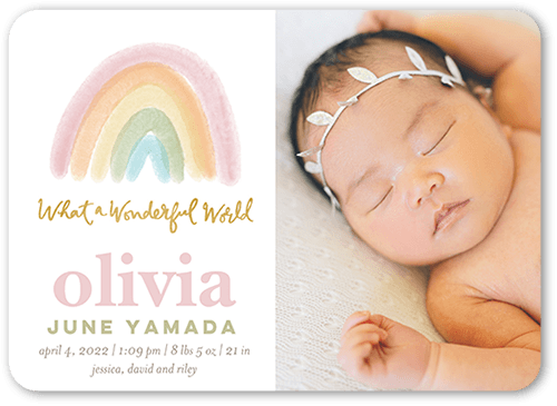 Painted Rainbow Birth Announcement, Pink, 5x7 Flat, Pearl Shimmer Cardstock, Rounded