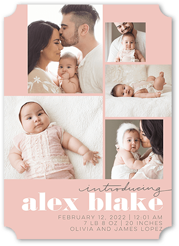 New Introductions Birth Announcement, Pink, 5x7 Flat, Pearl Shimmer Cardstock, Ticket