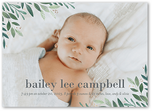 Quiet Blooms Birth Announcement, Green, 5x7 Flat, Luxe Double-Thick Cardstock, Square