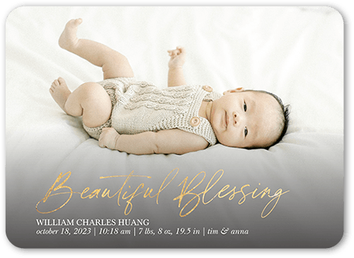 Handwritten Blessing Birth Announcement, Yellow, 5x7 Flat, Pearl Shimmer Cardstock, Rounded