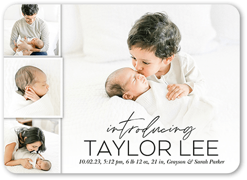 Modern Introduction Birth Announcement, White, 5x7, Pearl Shimmer Cardstock, Rounded
