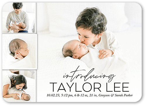 Modern Introduction Birth Announcement, White, 5x7 Flat, Pearl Shimmer Cardstock, Rounded