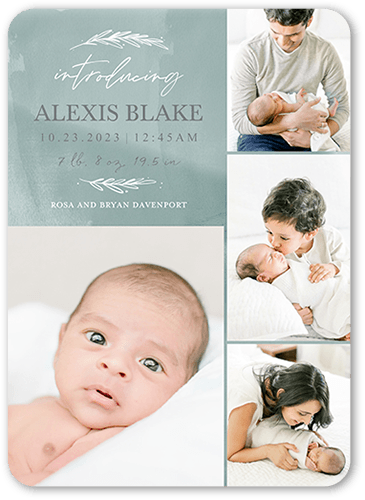 Watercolor Beginnings Birth Announcement, Green, 5x7, Standard Smooth Cardstock, Rounded