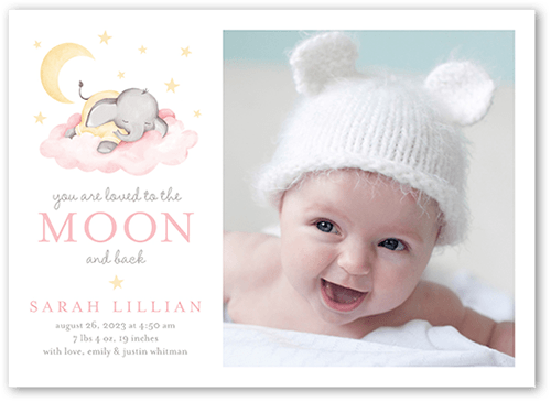 Elephant Slumber Birth Announcement, Pink, 5x7 Flat, Standard Smooth Cardstock, Square, Light Pink