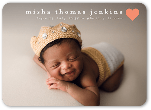 Bright Heart Birth Announcement, White, none, 5x7 Flat, 100% Recycled Cardstock , Rounded, White