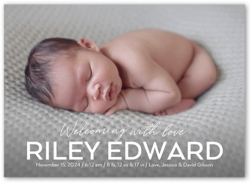 Grand Type Birth Announcement, none, White, 5x7 Flat, Standard Smooth Cardstock, Square
