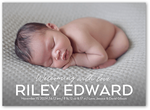 Grand Type Birth Announcement, none, White, 5x7 Flat, 100% Recycled Cardstock ?, Square