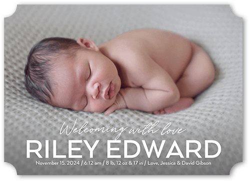 Grand Type Birth Announcement, none, White, 5x7 Flat, Pearl Shimmer Cardstock, Ticket