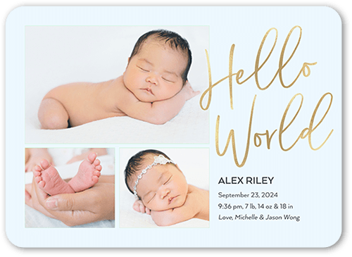 Welcome To The World Birth Announcement, Blue, 5x7 Flat, Pearl Shimmer Cardstock, Rounded, Light Blue