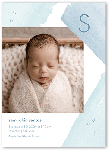 Brush Strokes Birth Announcement, Blue, 5x7 Flat, Luxe Double-Thick Cardstock, Square