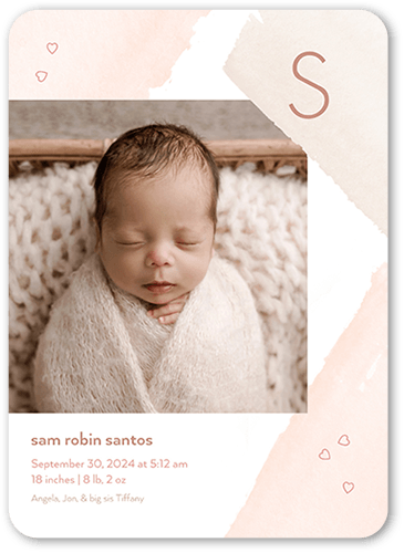 Brush Strokes Birth Announcement, Beige, 5x7 Flat, 100% Recycled Cardstock ?, Rounded