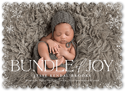 Bundled Joy Birth Announcement, White, 5x7, Pearl Shimmer Cardstock, Scallop