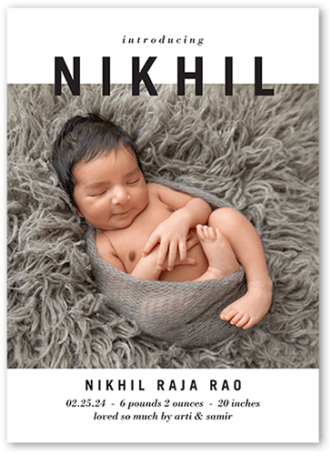 Bold Introduction Birth Announcement, White, 5x7 Flat, 100% Recycled Cardstock , Square