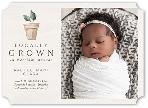 Locally Grown Birth Announcement, Grey, 5x7 Flat, Pearl Shimmer Cardstock, Ticket