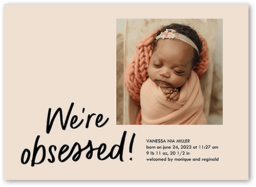 Obsessed With Birth Announcement, Beige, 5x7 Flat, Pearl Shimmer Cardstock, Square, Adobe Blush